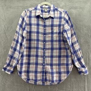 LLBean Top Womens S Blue Plaid Linen Button Up Shirt Long Sleeve Collared